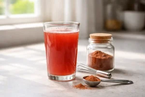 Manjistha powder drink mixed with whisk and measured spoon on a minimal counter