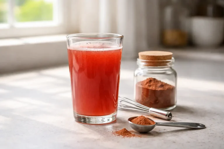 Manjistha powder drink mixed with whisk and measured spoon on a minimal counter