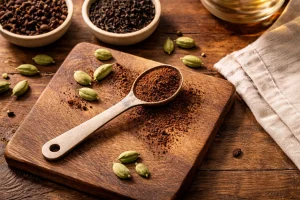 Measuring clove powder organic with cardamom pods and recipe notes