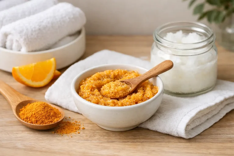 Orange peel powder for skin scrub with virgin coconut oil in a small bowl