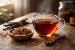 Organic fair trade rooibos tea brewed amber-red with a hint of vanilla