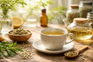 Organic lemon myrtle tea in a pale cup with bright morning light and dried leaves