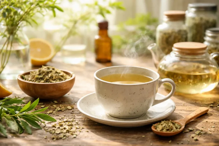 Organic lemon myrtle tea in a pale cup with bright morning light and dried leaves