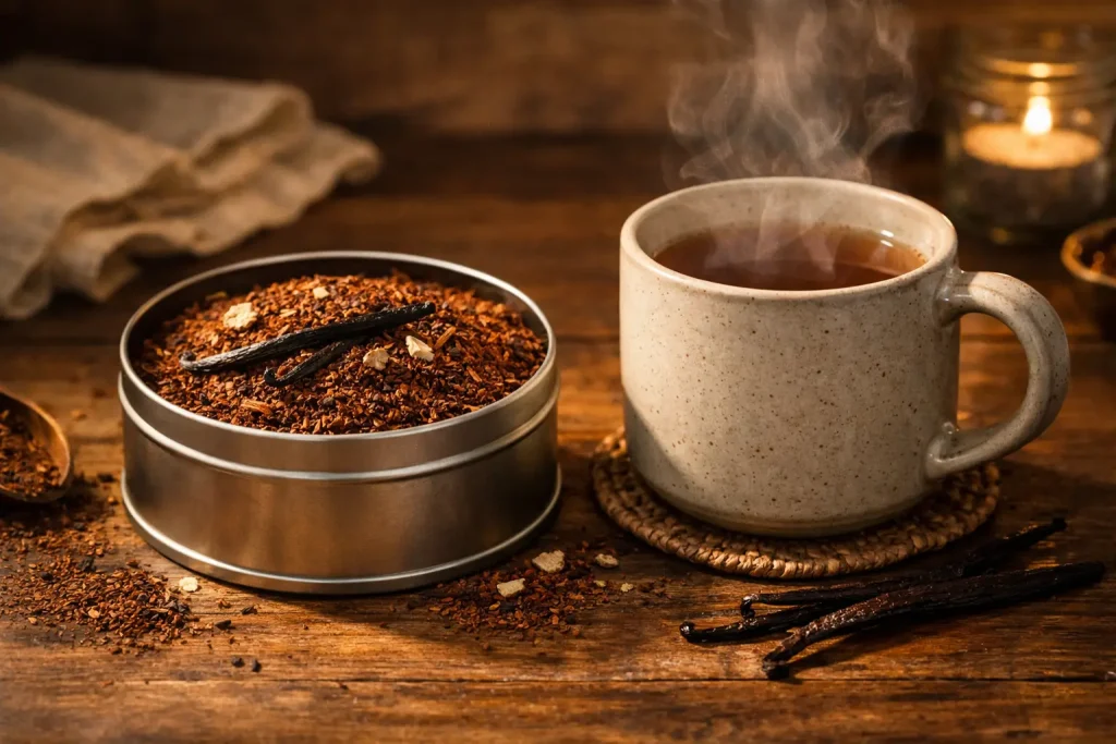 Organic vanilla rooibos loose leaf tea in tin with steaming mug in cozy light