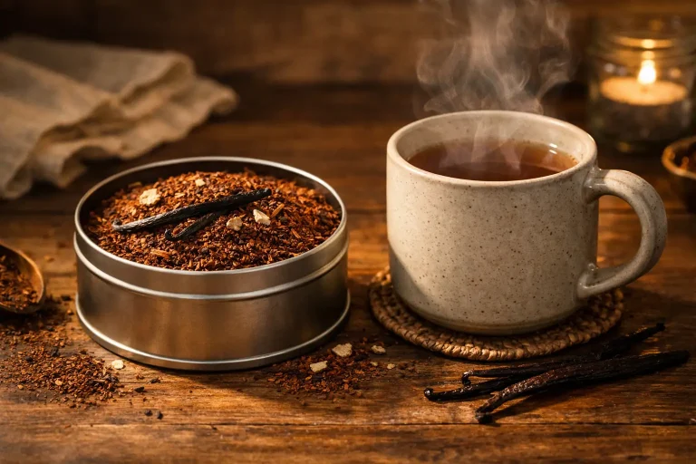 Organic vanilla rooibos loose leaf tea in tin with steaming mug in cozy light