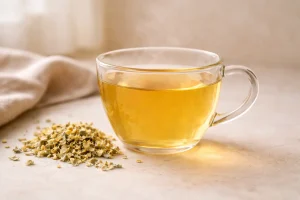 Pale golden mullein tea showing color and clarity in glass mug