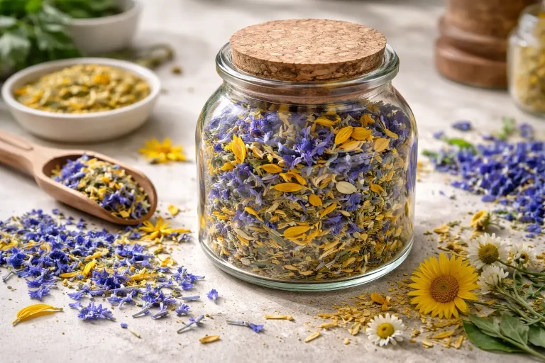 Premium floral tea blend with cornflower blue flowers and sunflower petals in a glass jar