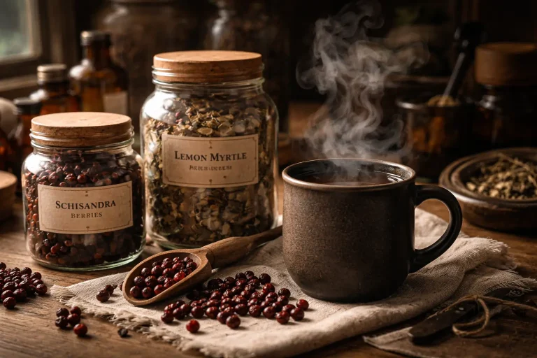 schisandra berry health benefits and lemon myrtle tea in an apothecary setting