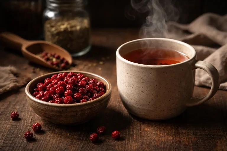 Schisandra berry infusion with dried red berries in moody apothecary light