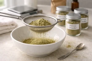 Sifting henna powder into a bowl and portioning into small jars