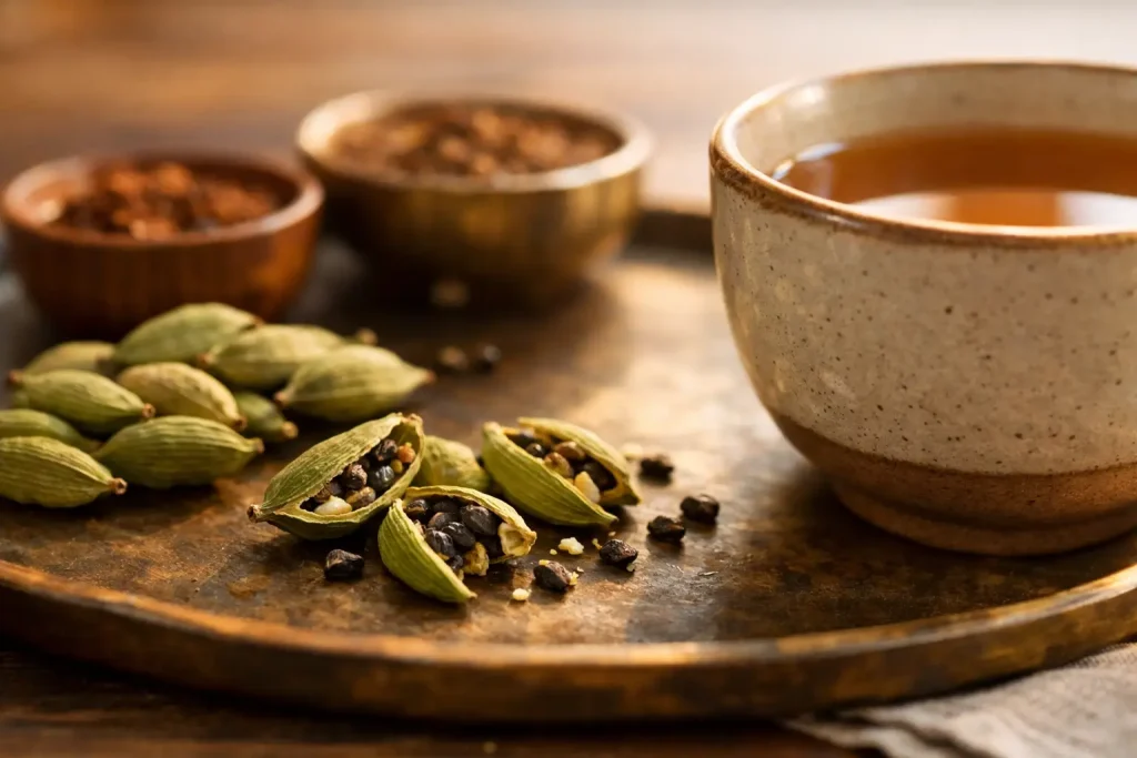 Split green cardamom pods on a spice tray next to a tea cup in warm light
