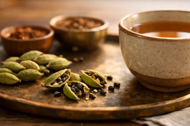 Split green cardamom pods on a spice tray next to a tea cup in warm light