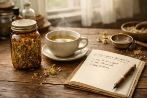 St John’s Wort and chamomile tea with jar and notebook in gentle light