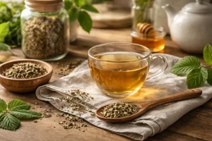 Tea with raspberry leaf in a glass cup with dried raspberry leaves in a spoon