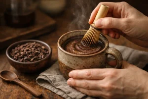 Traditional-style cacao beverage preparation with cacao nibs in a rustic kitchen setting