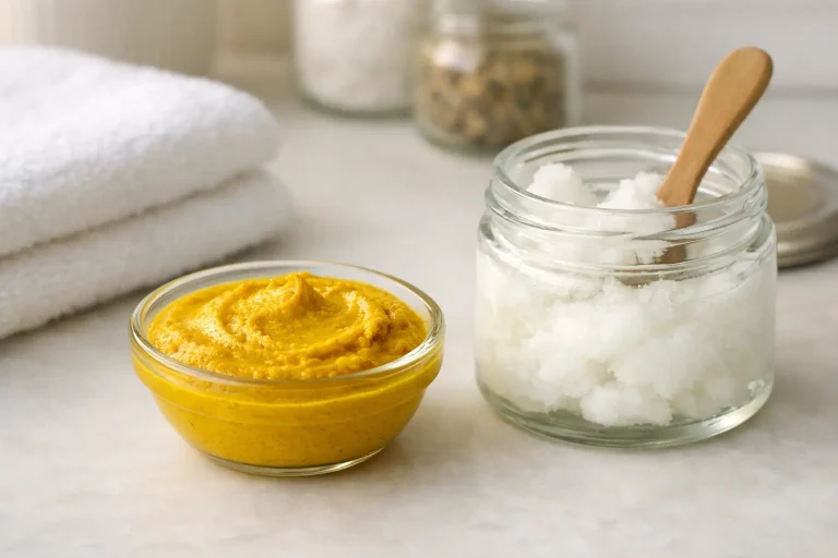 turmeric uses for skin Turmeric powder and virgin coconut oil mask in a small bowl on a clean spa counter