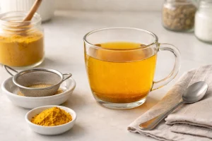 Turmeric tea infusion rinse setup with glass mug and fine strainer on a clean workstation