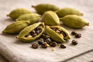Whole green cardamom pods with exposed seeds showing fresh aroma cues