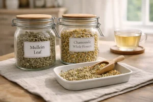 organic mullein and chamomile whole flowers setup for a smooth herbal tea blend