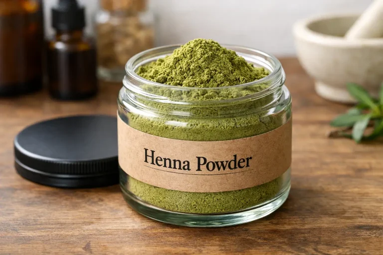 will henna damage hair pure henna powder in an open jar on a clean apothecary workbench