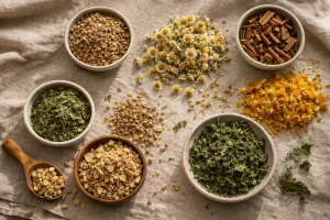 Burdock root paired with chamomile, mint, ginger, and other herbs for tea