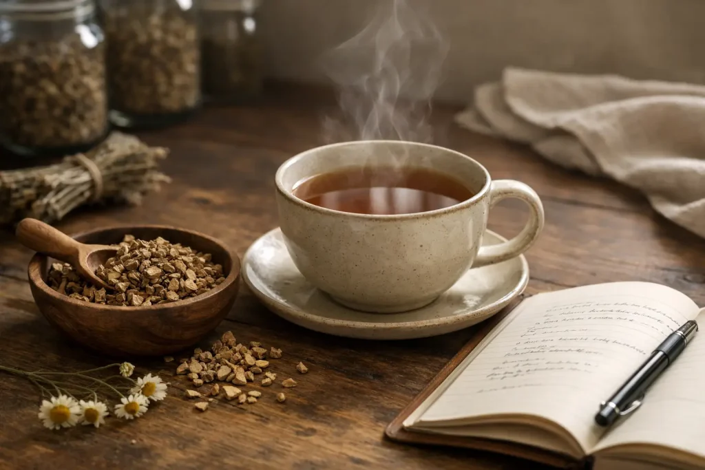 Burdock root tea in a calm wellness setting with notebook and soft light