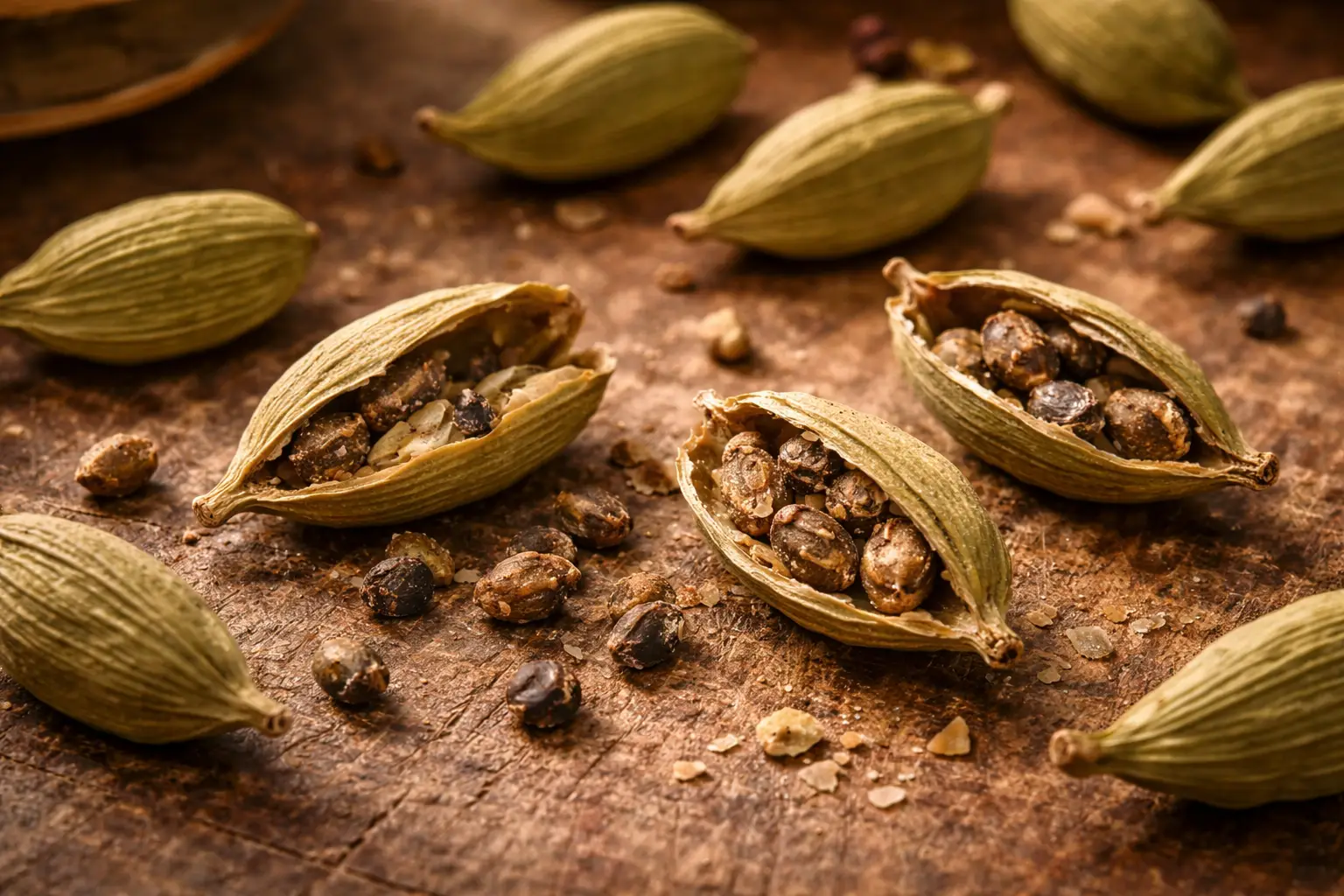 Cracked green cardamom pods showing seeds on a wooden herbal worktable