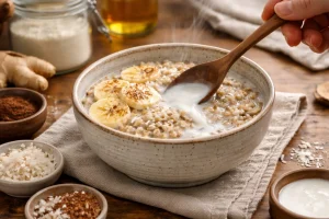 Creamy coconut milk being stirred into a warm grain bowl
