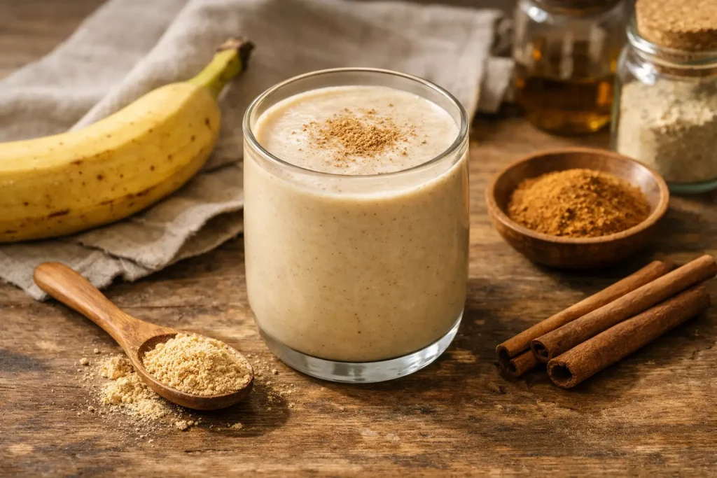 Creamy maca smoothie with maca powder, banana, and cinnamon on a rustic surface