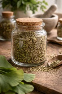 Cut and sifted ginkgo biloba leaf in an apothecary jar on a wooden herbal table