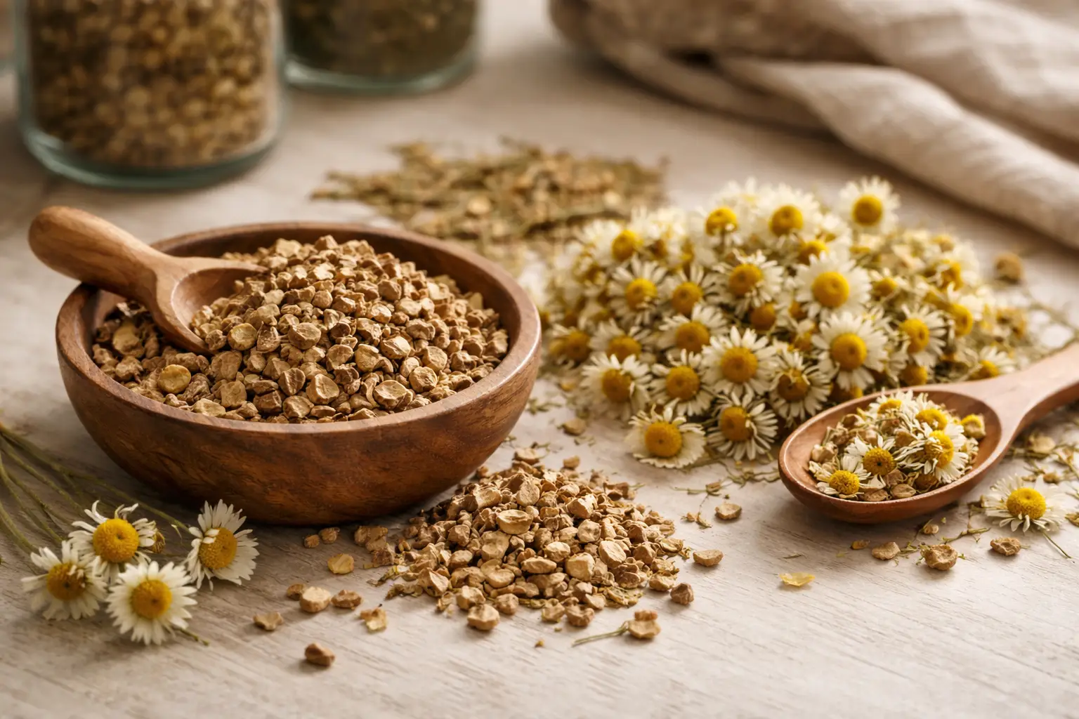 Cut burdock root and chamomile flowers arranged for herbal tea blending