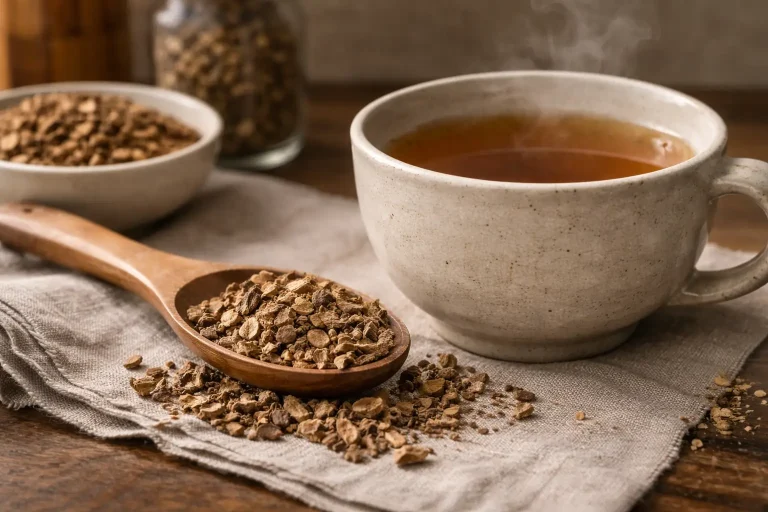 Cut valerian root beside a warm herbal infusion for traditional herbal use