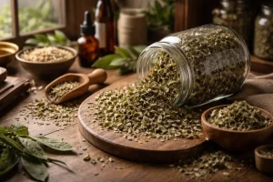 Dried plantain herb on an apothecary table beside a glass jar