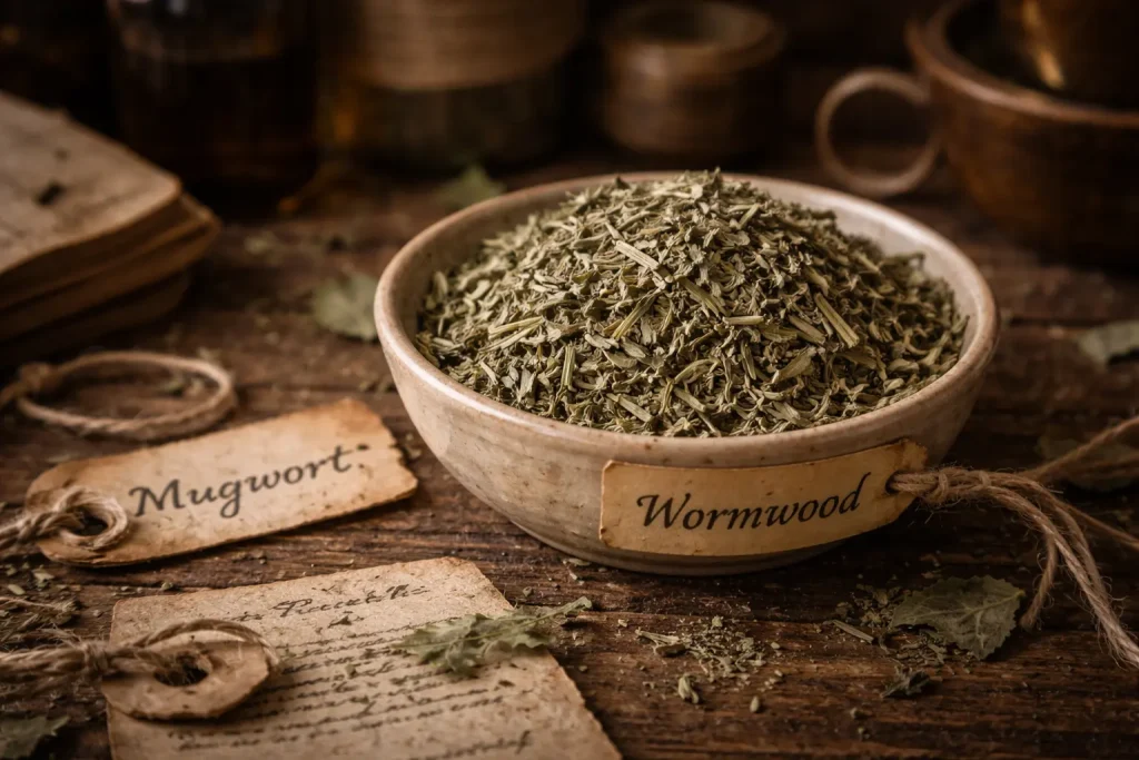 Dried wormwood herb in an apothecary bowl with old handwritten labels
