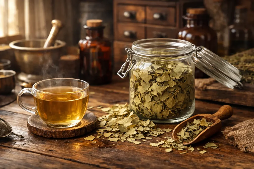 Ginkgo biloba herbal tea with dried leaves in a jar on a rustic apothecary table best for energy