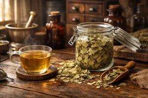 Ginkgo biloba herbal tea with dried leaves in a jar on a rustic apothecary table best for energy