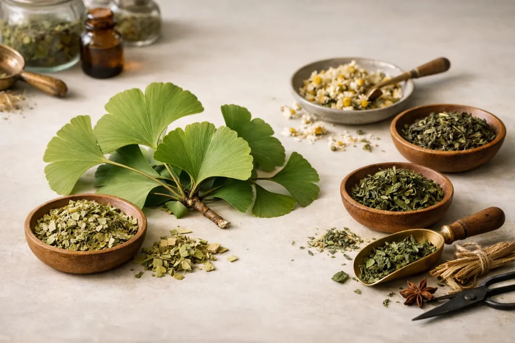 Ginkgo biloba leaf with dried herbs on a clean botanical background