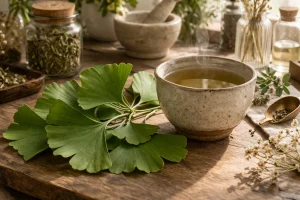 Ginkgo biloba leaves beside an herbal tea cup in a botanical workspace