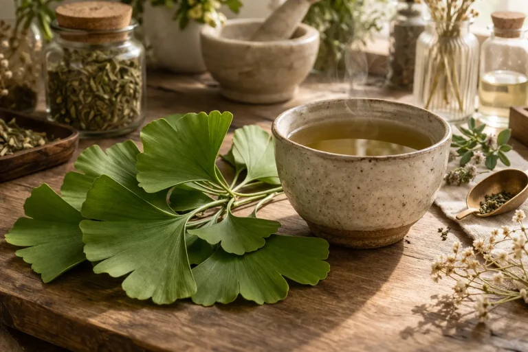 Ginkgo biloba leaves beside an herbal tea cup in a botanical workspace