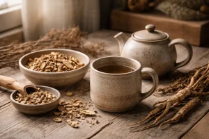 Handmade wild yam pottery with earthy clay tones and dried roots on a wooden tea table