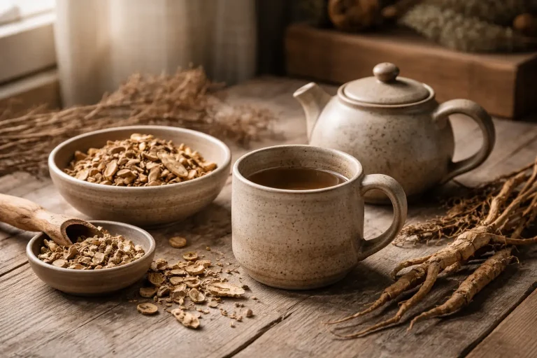 Handmade wild yam pottery with earthy clay tones and dried roots on a wooden tea table