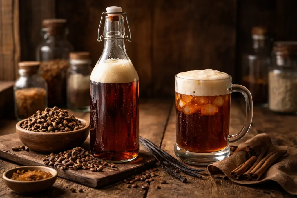 Homemade sarsaparilla root beer with foam, vintage bottle, and sarsaparilla root