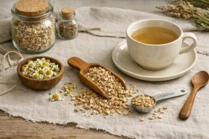 Marshmallow root dosage setup with measuring spoon, tea cup, and chamomile on a botanical table