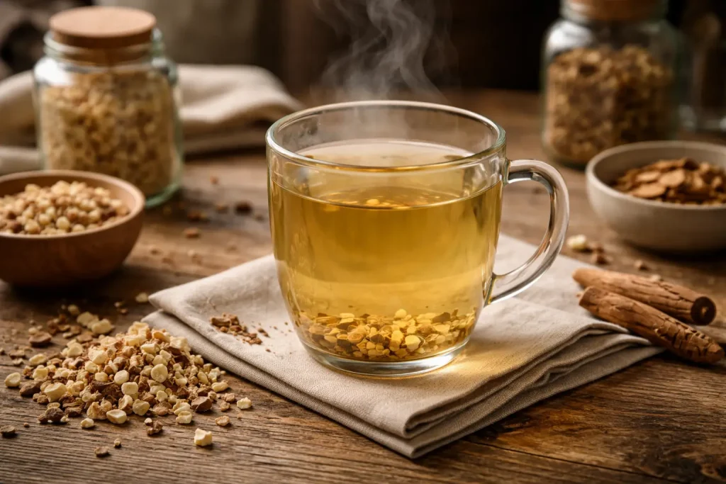 Marshmallow root tea recipe in a glass mug with dried roots on a rustic table