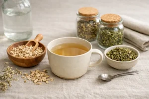 Marshmallow root tea with dried herbs in a clean wellness setting