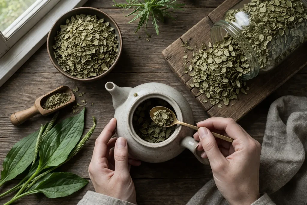 Measuring dried plantain leaf for a traditional herbal tea infusion