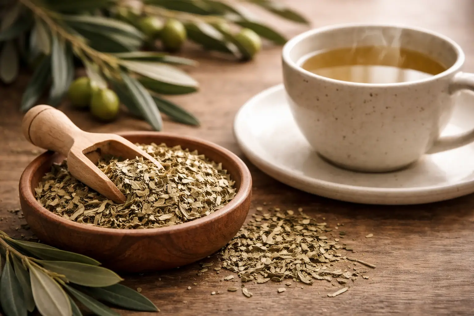 Olive leaf cs and brewed olive leaf tea on a rustic table