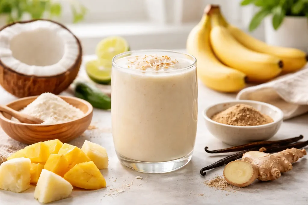 Organic coconut cream smoothie in a glass with tropical ingredients in bright natural kitchen light