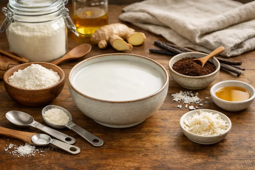 Organic coconut milk for cooking with vanilla powder and creamy recipe prep ingredients