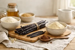Organic vanilla beans and vanilla powder in an elegant neutral kitchen setting